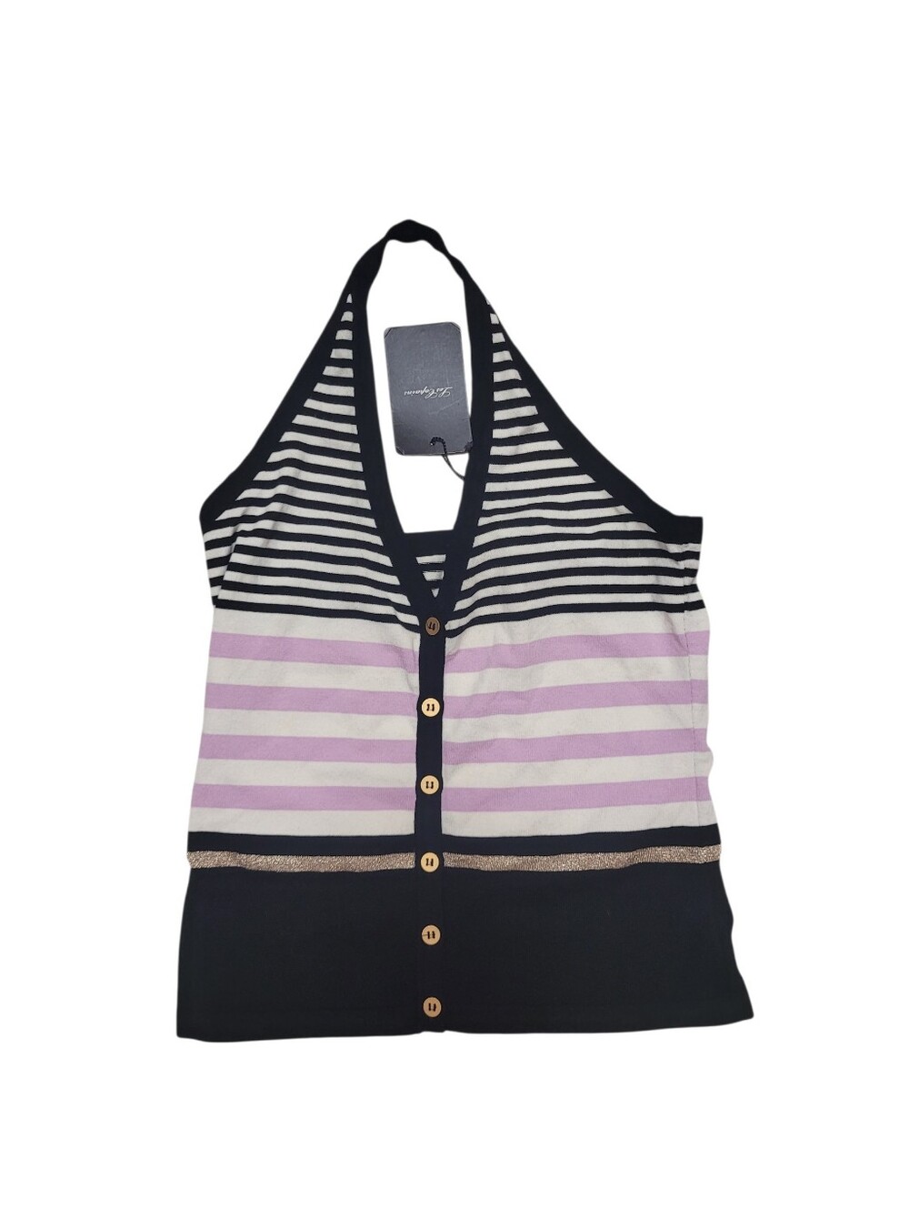 Vintage Les Copains Striped Halter Top Italian Sz 40 US 4 Button Knit Cami NWT